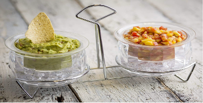 Tablecraft Chiller Dip Bowl Set with Rack,Chrome Plated Metal, (2) 14oz, 14 oz, Clear